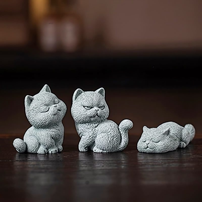 Figuras de Gato de Arenisca para Decoración de Ceremonia del Té Sandstone Cat Figurines for Tea Ceremony Decoration