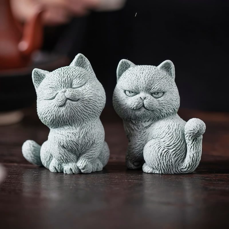 Figuras de Gato de Arenisca para Decoración de Ceremonia del Té Sandstone Cat Figurines for Tea Ceremony Decoration
