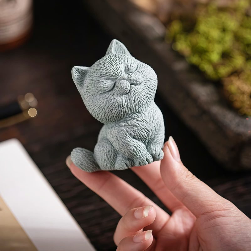 Figuras de Gato de Arenisca para Decoración de Ceremonia del Té Sandstone Cat Figurines for Tea Ceremony Decoration
