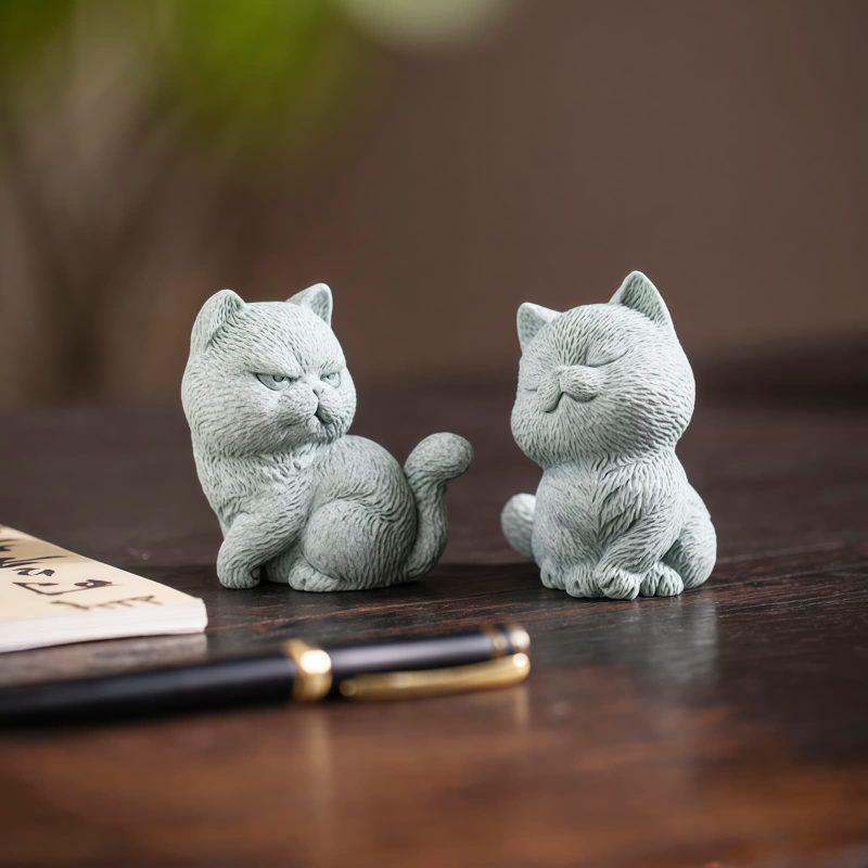 Figuras de Gato de Arenisca para Decoración de Ceremonia del Té Sandstone Cat Figurines for Tea Ceremony Decoration