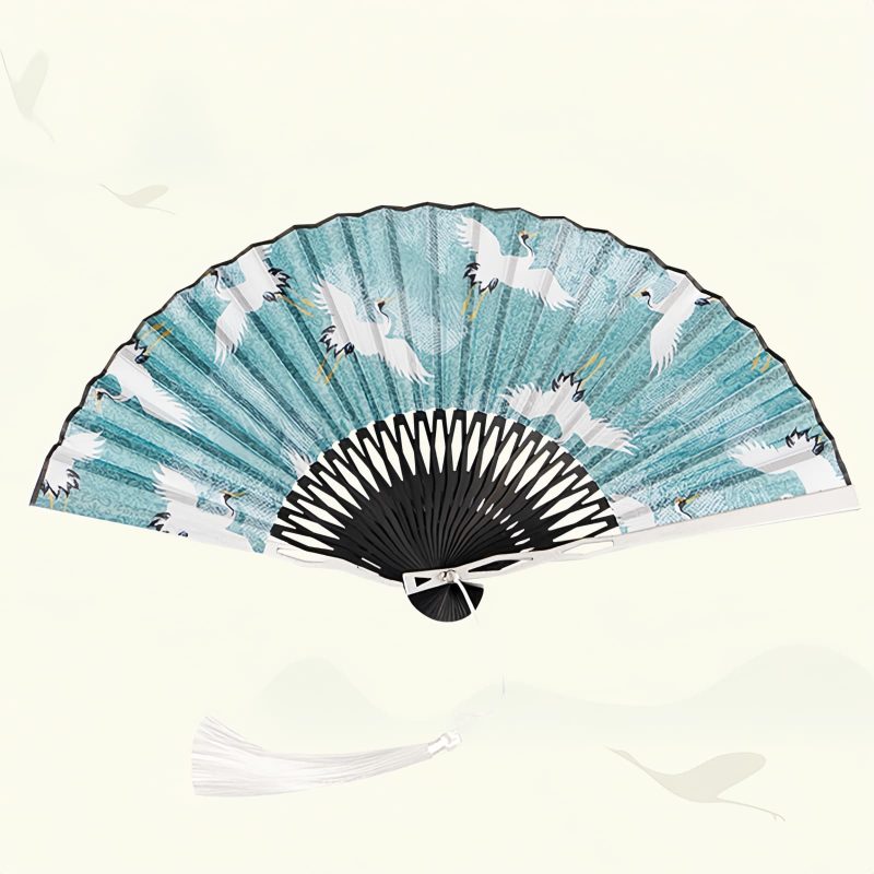 Abanico Plegable de Bambú de Seda con Patrón de Grulla Silk Bamboo Folding Fan with Crane Pattern