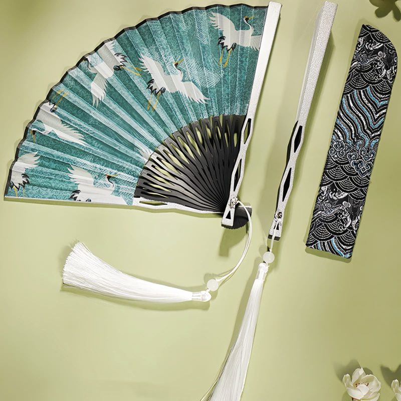 Abanico Plegable de Bambú de Seda con Patrón de Grulla Silk Bamboo Folding Fan with Crane Pattern