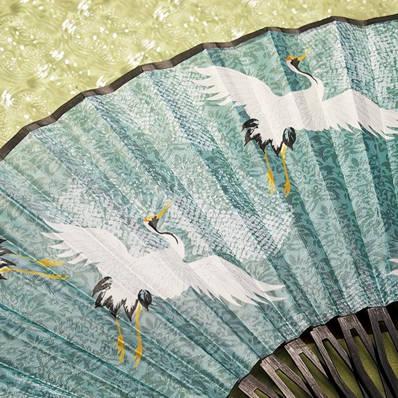 Abanico Plegable de Bambú de Seda con Patrón de Grulla Silk Bamboo Folding Fan with Crane Pattern