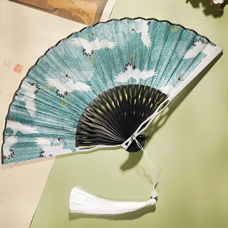 Abanico Plegable de Bambú de Seda con Patrón de Grulla Silk Bamboo Folding Fan with Crane Pattern