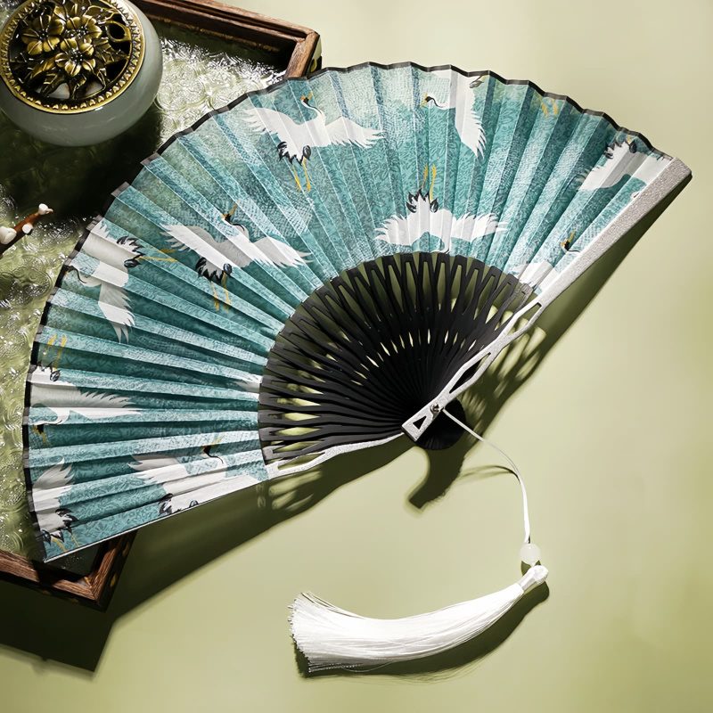 Abanico Plegable de Bambú de Seda con Patrón de Grulla Silk Bamboo Folding Fan with Crane Pattern