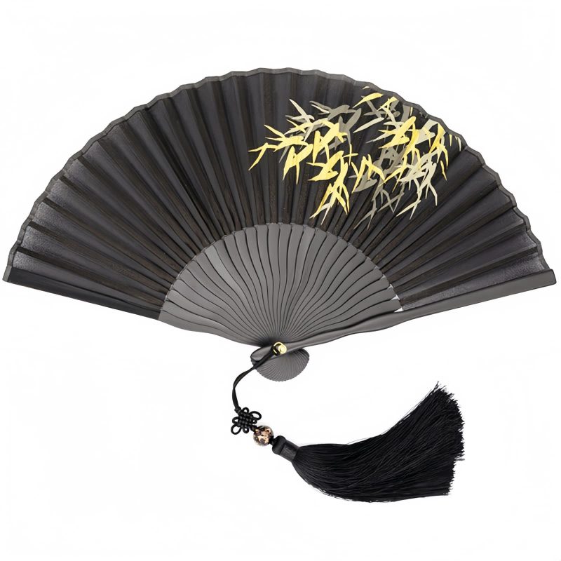 مروحة قابلة للطي من أوراق الخيزران السوداء الحريرية Silk Black Bamboo Leaf Folding Fan