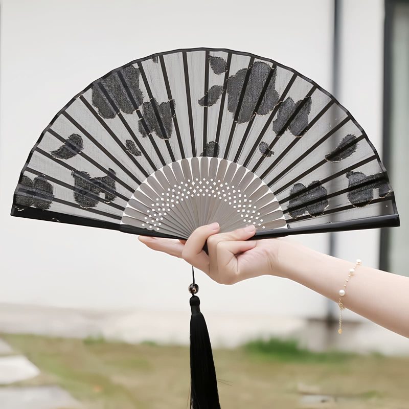 Abanico Plegable de Bambú con Flores Retro de Seda Silk Retro Leaves Flower Bamboo Folding Fan