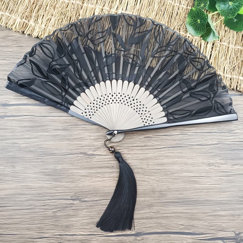 Abanico Plegable de Bambú con Flores Retro de Seda Silk Retro Leaves Flower Bamboo Folding Fan