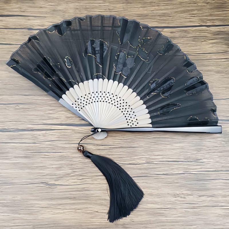 Abanico Plegable de Bambú con Flores Retro de Seda Silk Retro Leaves Flower Bamboo Folding Fan
