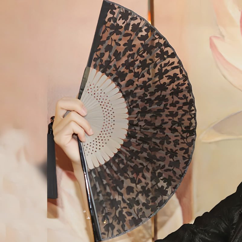 Abanico Plegable de Bambú con Flores Retro de Seda Silk Retro Leaves Flower Bamboo Folding Fan