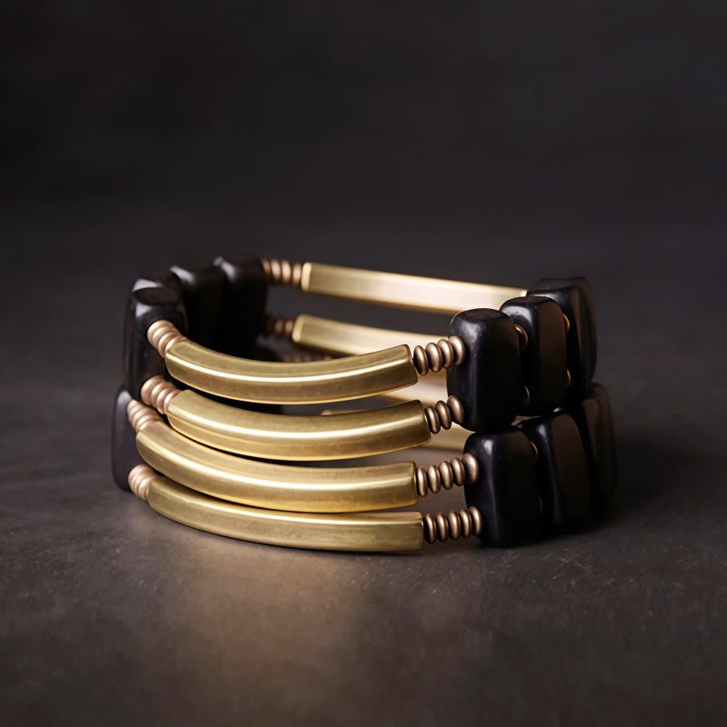 Pulsera de Doble Capa de Madera de Ébano Tibetano y Cobre Tibetan Ebony Wood Copper Double Layer Bracelet