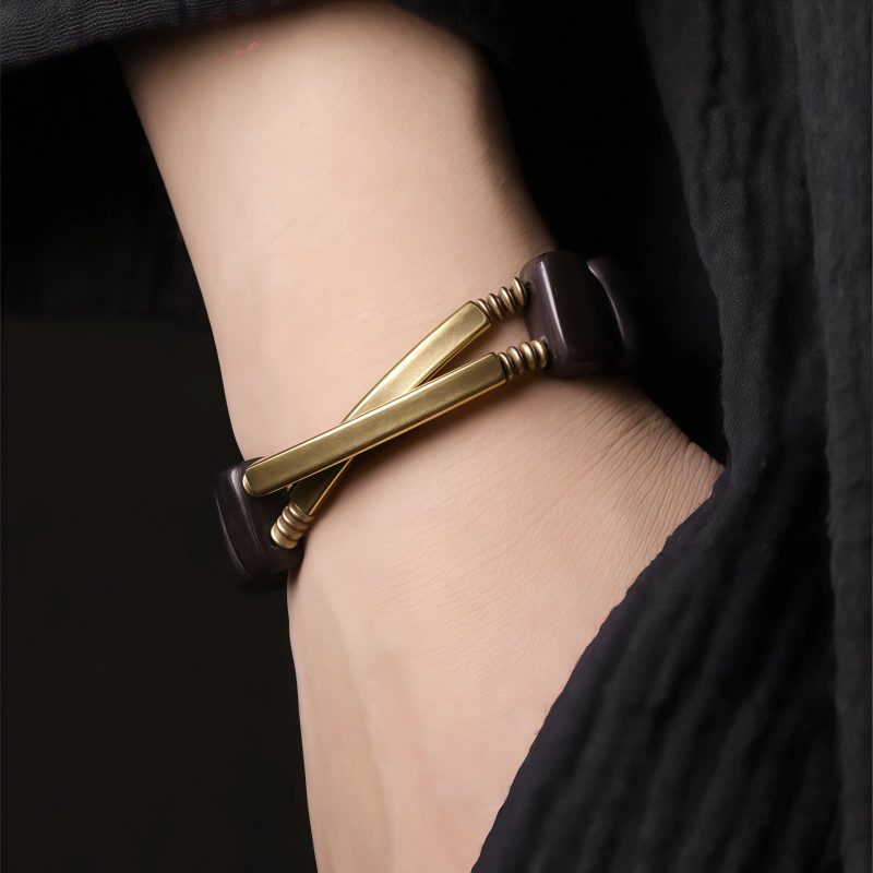 Pulsera de Doble Capa de Madera de Ébano Tibetano y Cobre Tibetan Ebony Wood Copper Double Layer Bracelet