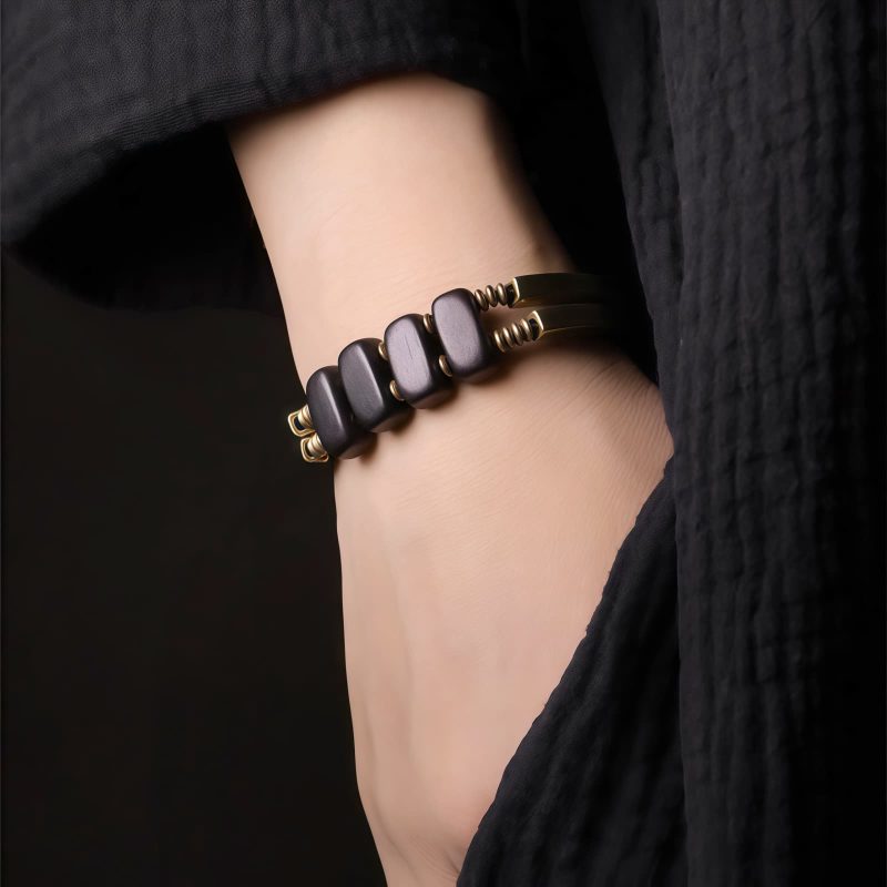Pulsera de Doble Capa de Madera de Ébano Tibetano y Cobre Tibetan Ebony Wood Copper Double Layer Bracelet