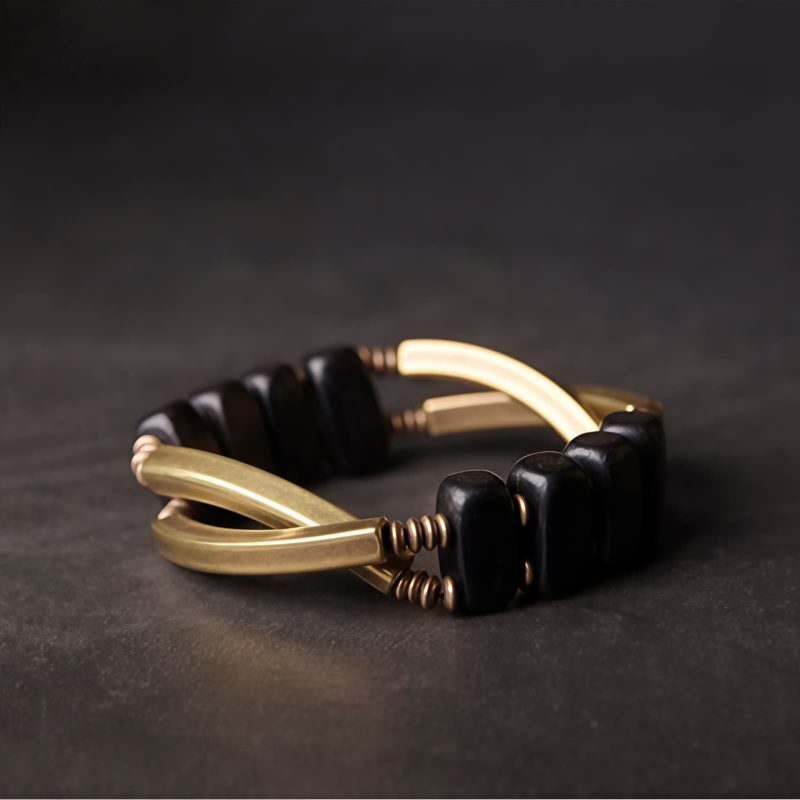 Pulsera de Doble Capa de Madera de Ébano Tibetano y Cobre Tibetan Ebony Wood Copper Double Layer Bracelet