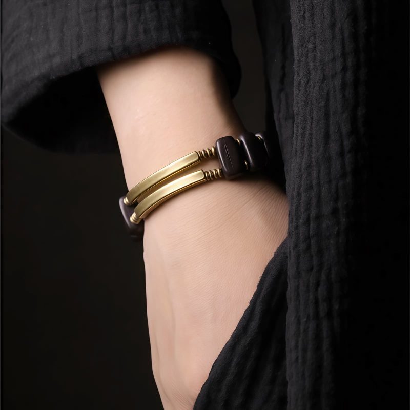 Pulsera de Doble Capa de Madera de Ébano Tibetano y Cobre Tibetan Ebony Wood Copper Double Layer Bracelet