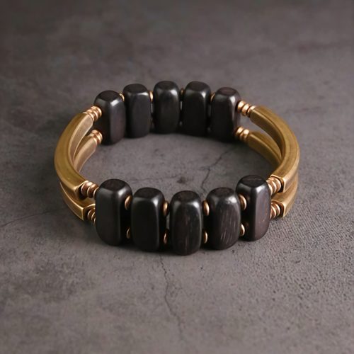 Pulsera de Doble Capa de Madera de Ébano Tibetano y Cobre Pulsera de Doble Capa de Madera de Ébano Tibetano y Cobre