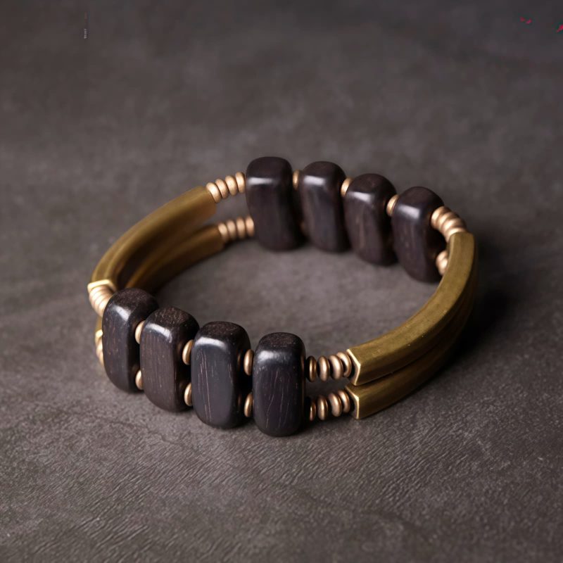 Pulsera de Doble Capa de Madera de Ébano Tibetano y Cobre Tibetan Ebony Wood Copper Double Layer Bracelet