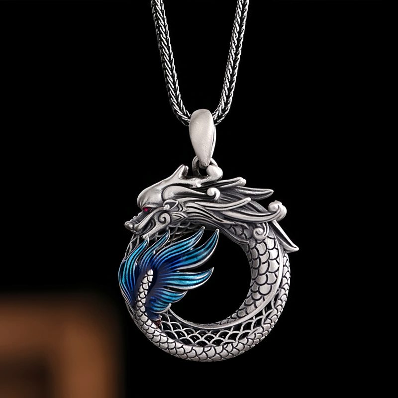 Collar con dije de dragón auspicioso en plata de ley 999 999 Sterling Silver Auspicious Dragon Pendant Necklace