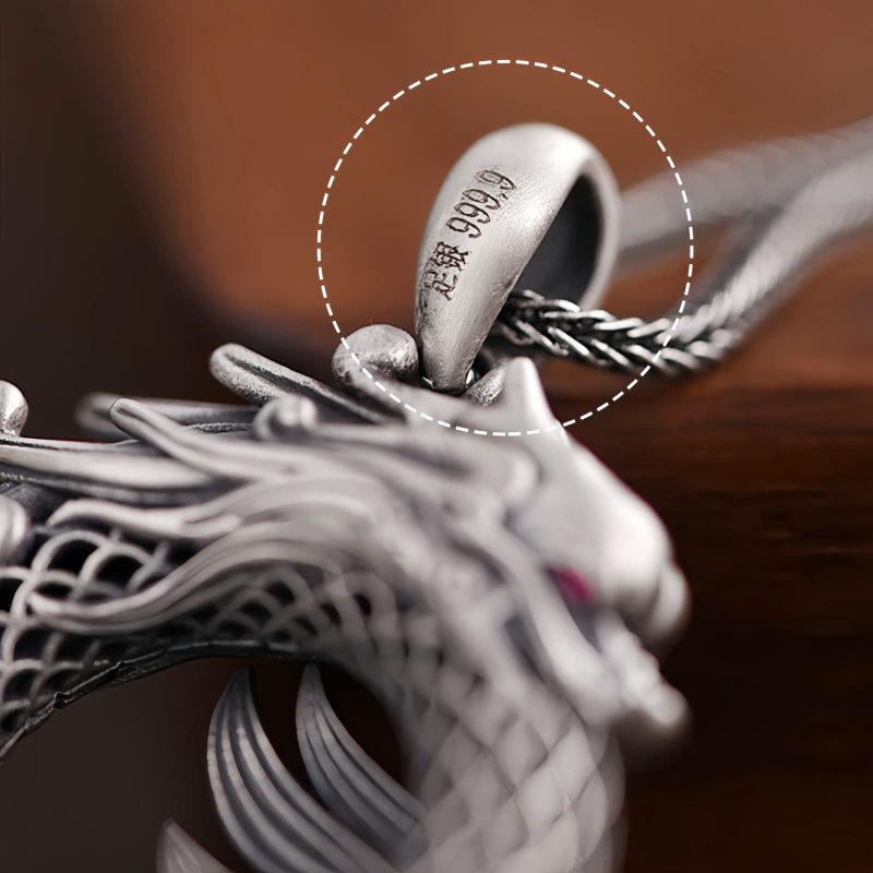 Collar con dije de dragón auspicioso en plata de ley 999 999 Sterling Silver Auspicious Dragon Pendant Necklace