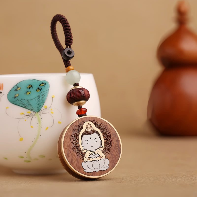 Llave de Avalokitesvara de Madera de Ébano con Om Mani Padme Hum Ebony Wood Avalokitesvara Keychain with Om Mani Padme Hum