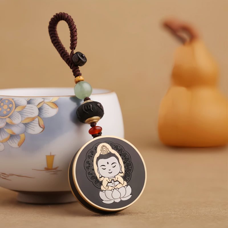 Llave de Avalokitesvara de Madera de Ébano con Om Mani Padme Hum Ebony Wood Avalokitesvara Keychain with Om Mani Padme Hum