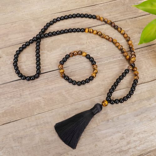 Collar de Protección de Ónix Negro Tibetano y Ojo de Tigre Collar de Protección de Ónix Negro Tibetano y Ojo de Tigre