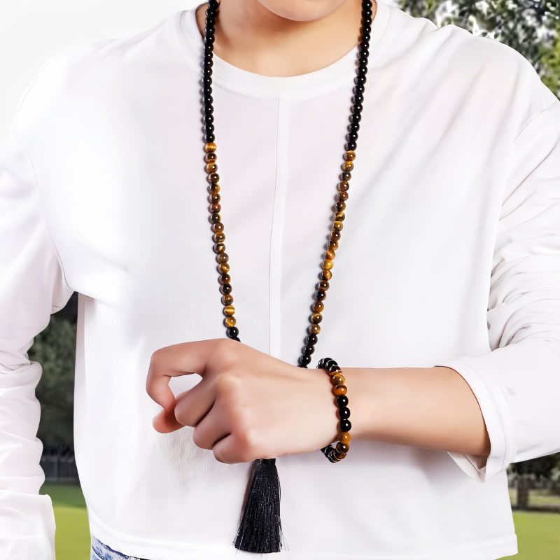 Collar de Protección de Ónix Negro Tibetano y Ojo de Tigre Tibetan Black Onyx Tiger Eye Protection Necklace