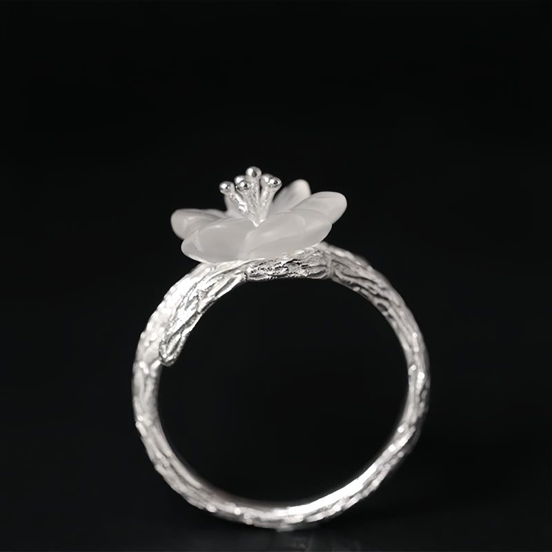 Cincin Penyembuhan Adjustable Perak 925 dengan Bunga Kerangka Kristal Putih 925 Silver Adjustable Healing Ring with White Crystal Skeleton Flower
