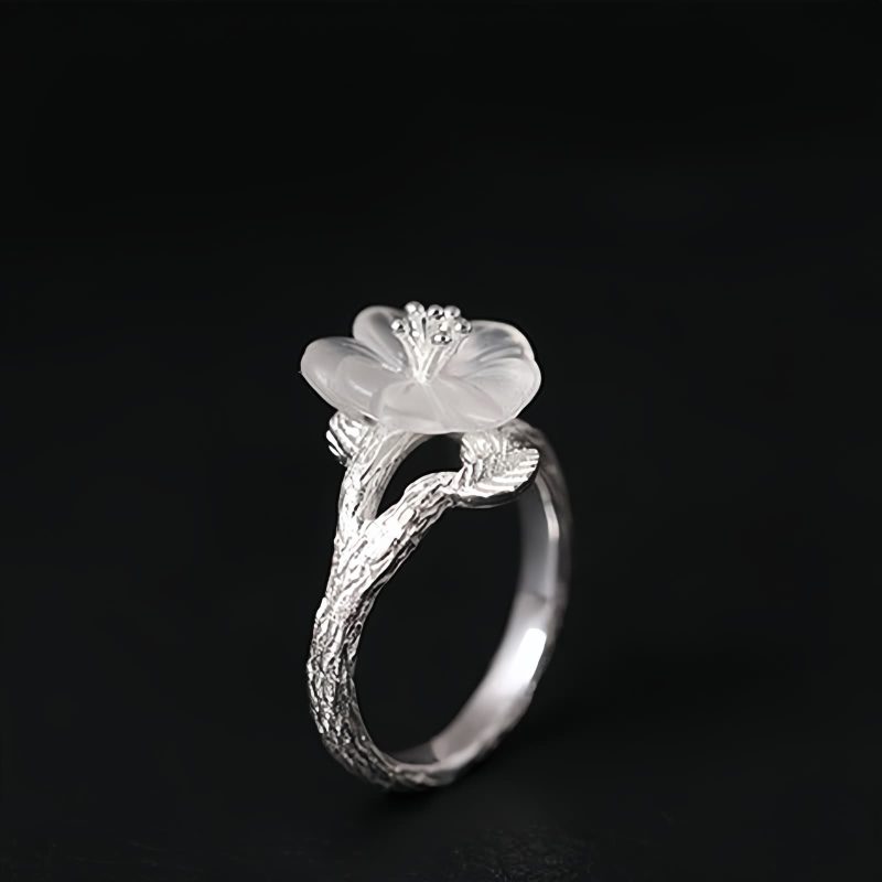 Cincin Penyembuhan Adjustable Perak 925 dengan Bunga Kerangka Kristal Putih 925 Silver Adjustable Healing Ring with White Crystal Skeleton Flower