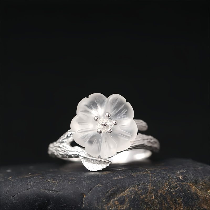 Cincin Penyembuhan Adjustable Perak 925 dengan Bunga Kerangka Kristal Putih 925 Silver Adjustable Healing Ring with White Crystal Skeleton Flower