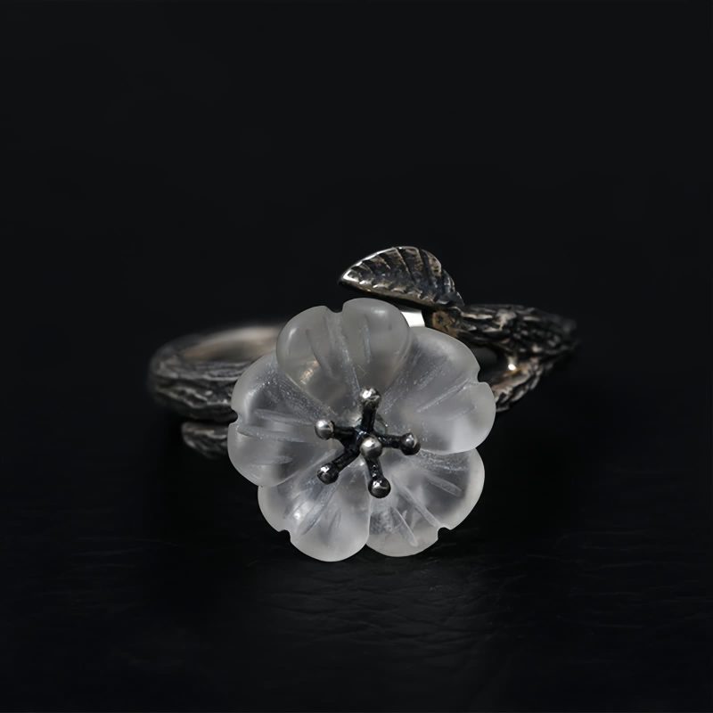 Cincin Penyembuhan Adjustable Perak 925 dengan Bunga Kerangka Kristal Putih 925 Silver Adjustable Healing Ring with White Crystal Skeleton Flower