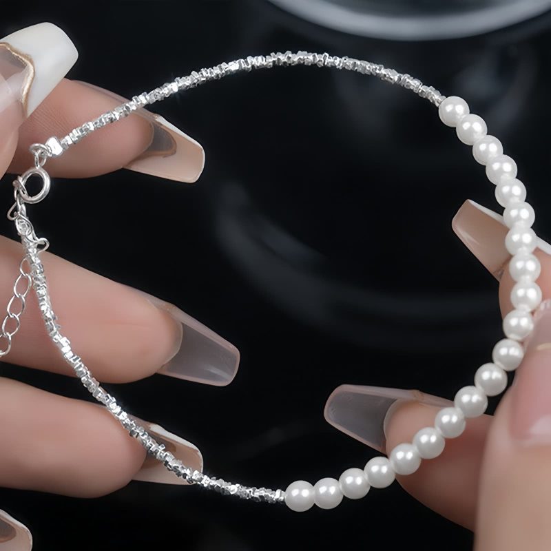Tobillera de Protección con Cuentas de Perla en Plata 925 925 Silver Pearl Beads Protection Anklet