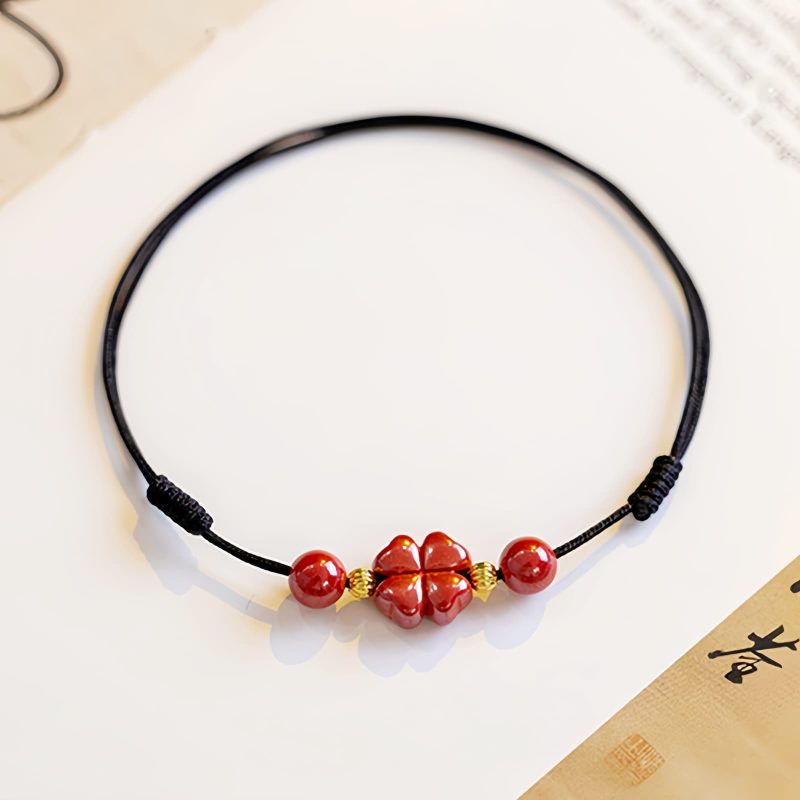 Pulsera de Bendición de Cinabrio con Trébol de Cuatro Hojas Four Leaf Clover Cinnabar Blessing Bracelet