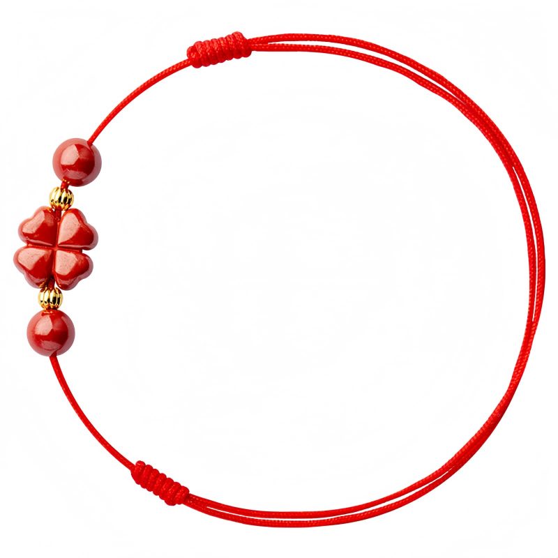 Pulsera de Bendición de Cinabrio con Trébol de Cuatro Hojas Four Leaf Clover Cinnabar Blessing Bracelet