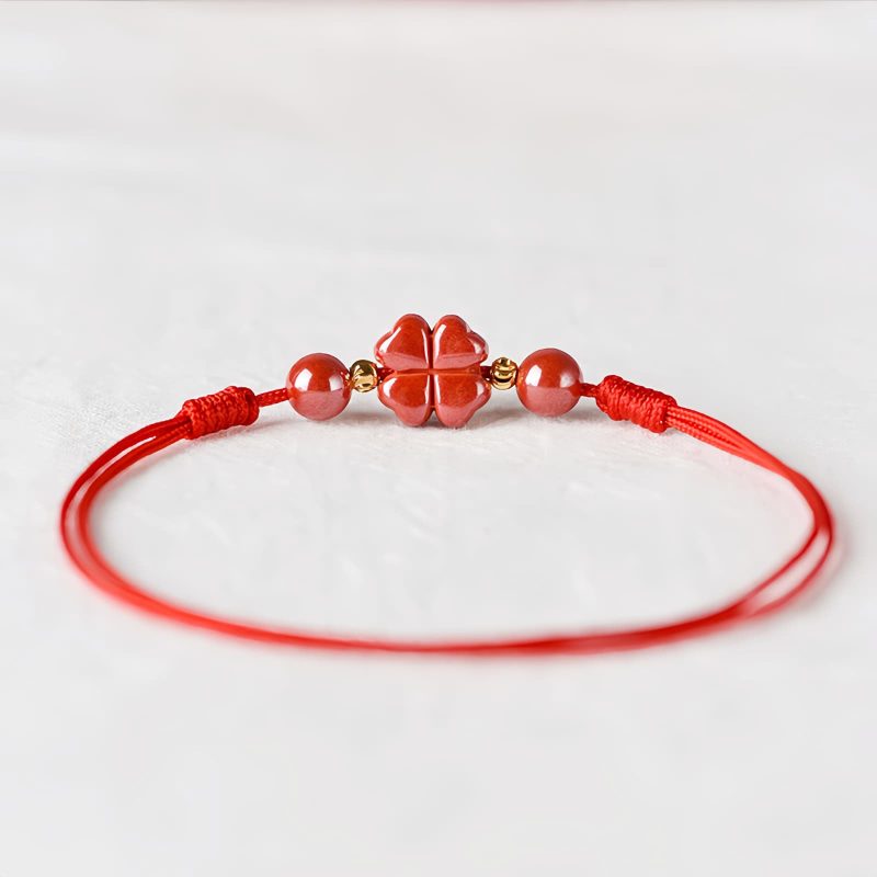 Pulsera de Bendición de Cinabrio con Trébol de Cuatro Hojas Four Leaf Clover Cinnabar Blessing Bracelet