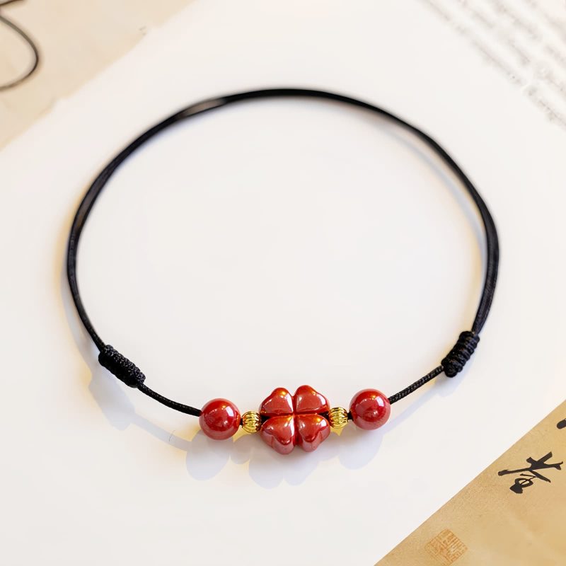 Pulsera de Bendición de Cinabrio con Trébol de Cuatro Hojas Four Leaf Clover Cinnabar Blessing Bracelet