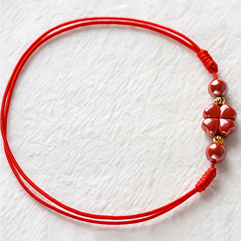 Pulsera de Bendición de Cinabrio con Trébol de Cuatro Hojas Four Leaf Clover Cinnabar Blessing Bracelet