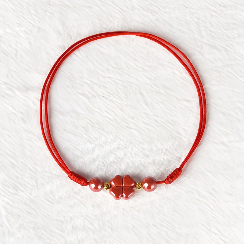 Pulsera de Bendición de Cinabrio con Trébol de Cuatro Hojas Four Leaf Clover Cinnabar Blessing Bracelet