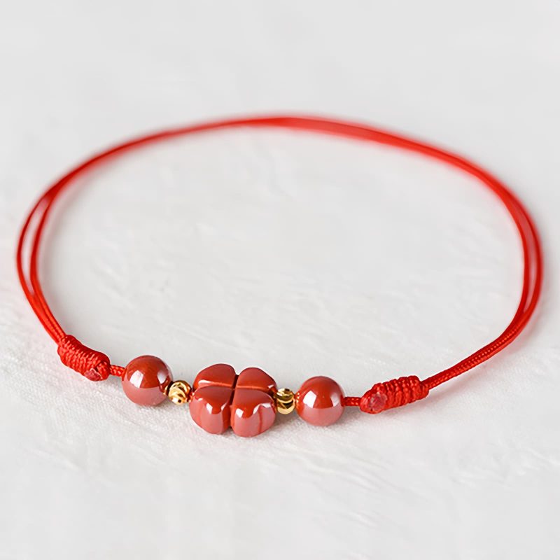 Pulsera de Bendición de Cinabrio con Trébol de Cuatro Hojas Four Leaf Clover Cinnabar Blessing Bracelet