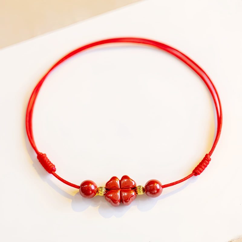 Pulsera de Bendición de Cinabrio con Trébol de Cuatro Hojas Four Leaf Clover Cinnabar Blessing Bracelet