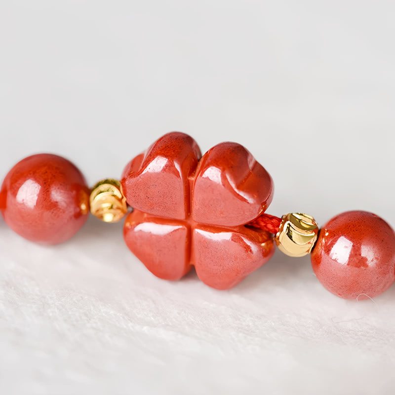 Pulsera de Bendición de Cinabrio con Trébol de Cuatro Hojas Four Leaf Clover Cinnabar Blessing Bracelet
