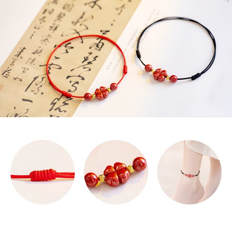 Pulsera de Bendición de Cinabrio con Trébol de Cuatro Hojas Four Leaf Clover Cinnabar Blessing Bracelet