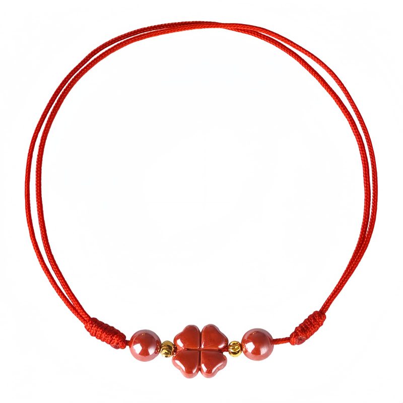 Pulsera de Bendición de Cinabrio con Trébol de Cuatro Hojas Four Leaf Clover Cinnabar Blessing Bracelet