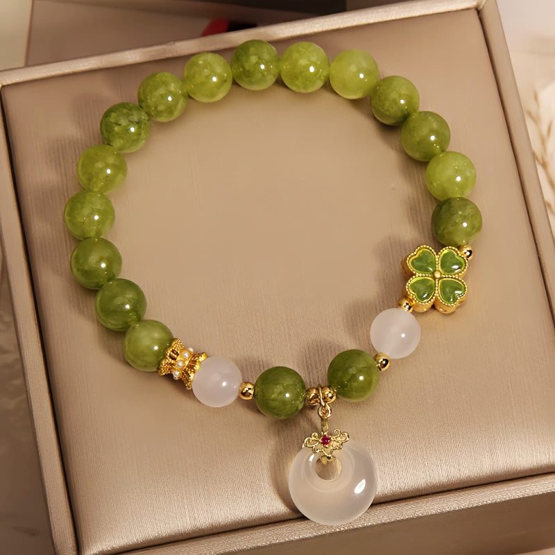 Pulsera de sabiduría con trébol de cuatro hojas y turmalina verde Green Tourmaline Four Leaf Clover Wisdom Bracelet
