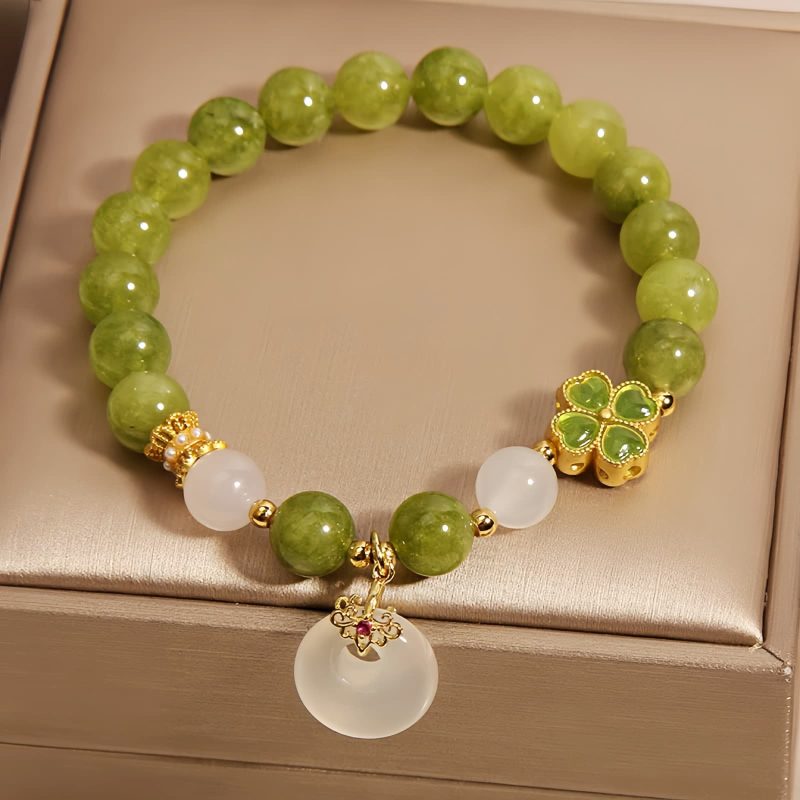 Pulsera de sabiduría con trébol de cuatro hojas y turmalina verde Green Tourmaline Four Leaf Clover Wisdom Bracelet