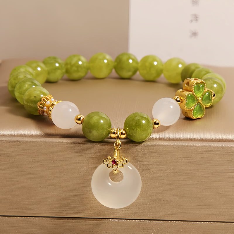 Pulsera de sabiduría con trébol de cuatro hojas y turmalina verde Green Tourmaline Four Leaf Clover Wisdom Bracelet