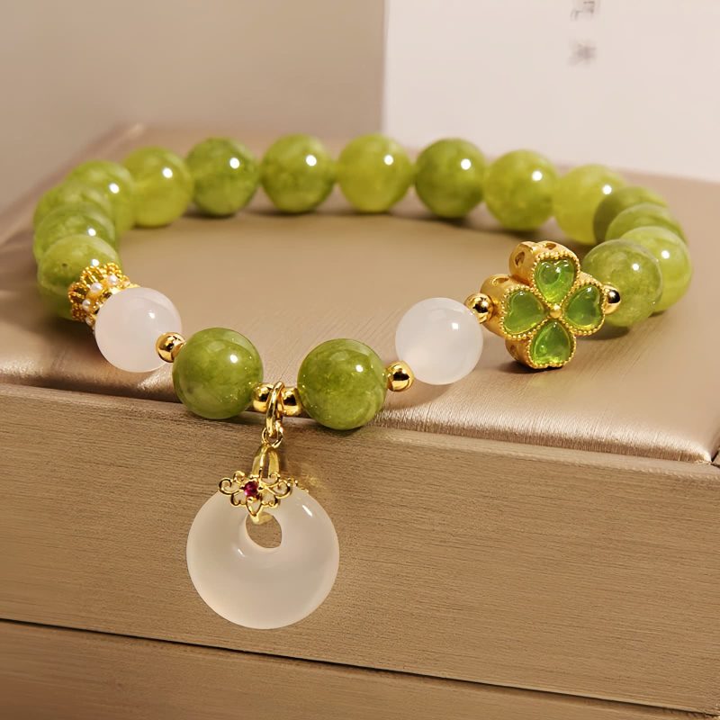 Pulsera de sabiduría con trébol de cuatro hojas y turmalina verde Green Tourmaline Four Leaf Clover Wisdom Bracelet