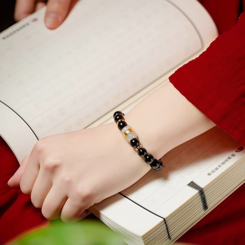 Pulseira Tibetana de Obsidiana Negra Om Mani Padme Hum Tibetan Black Obsidian Om Mani Padme Hum Bracelet