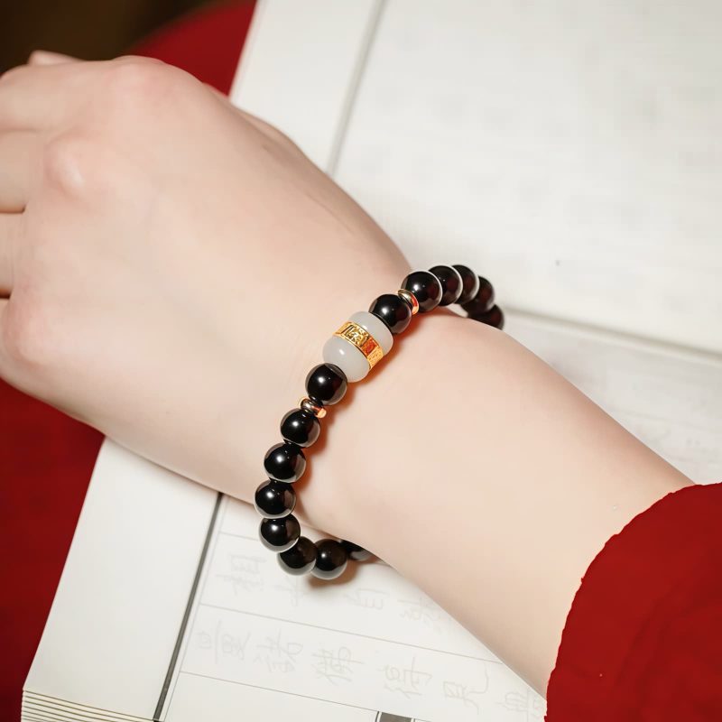 Pulseira Tibetana de Obsidiana Negra Om Mani Padme Hum Tibetan Black Obsidian Om Mani Padme Hum Bracelet