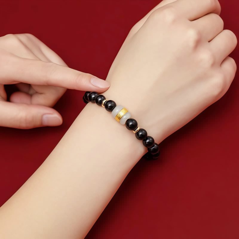 Pulseira Tibetana de Obsidiana Negra Om Mani Padme Hum Tibetan Black Obsidian Om Mani Padme Hum Bracelet